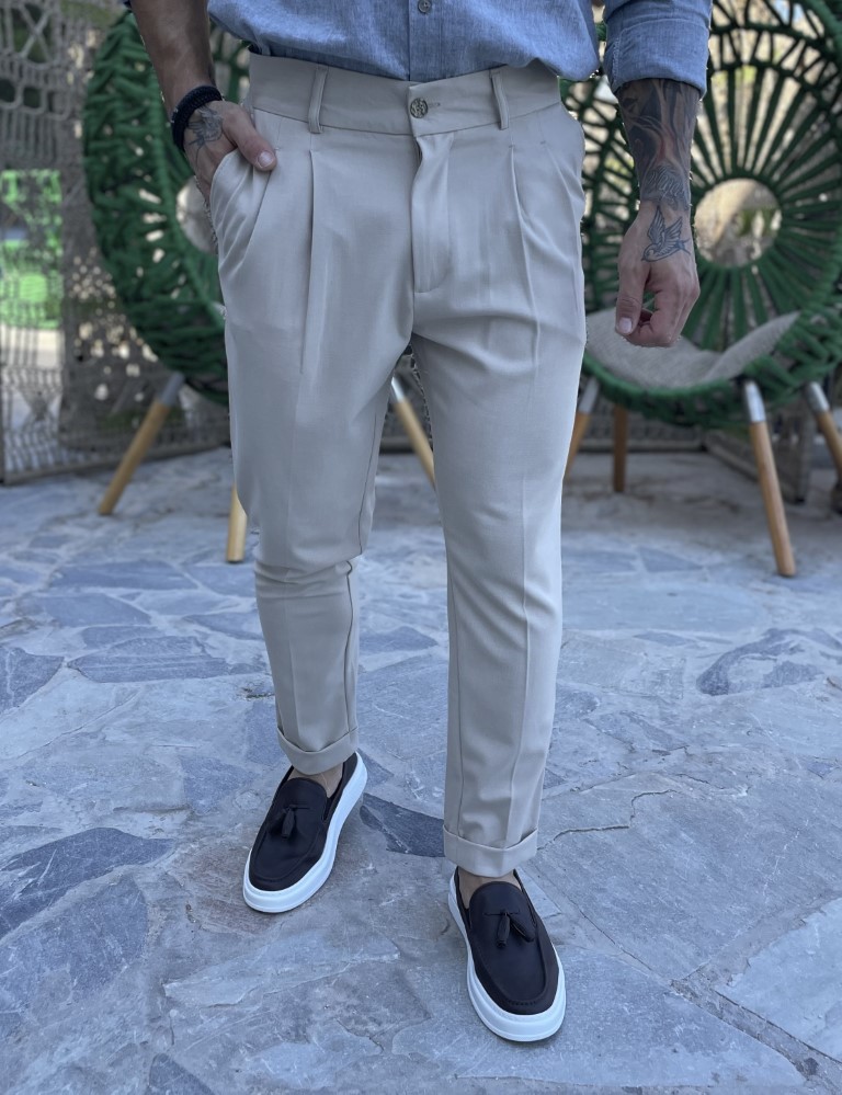 Fabricland Ανδρικό μπεζ υφασμάτινο παντελόνι με πιέτες και φάσα στην μέση FCL00395B